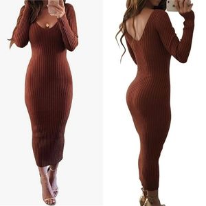 Brown ribbed bodycon v-neck midi dress